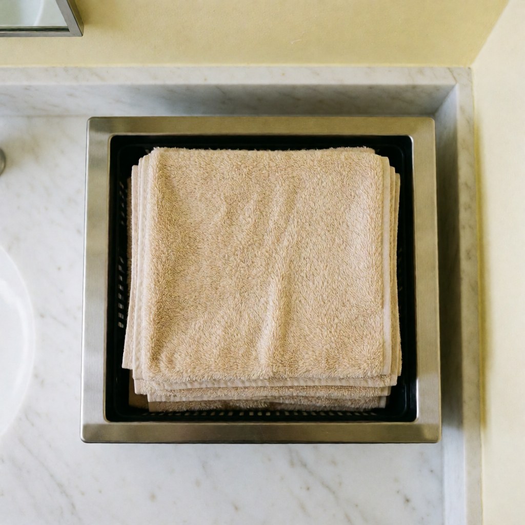 Stacked soft warm bath towels on a stainless steel warmer atop a white marble countertop with cream walls, viewed from above