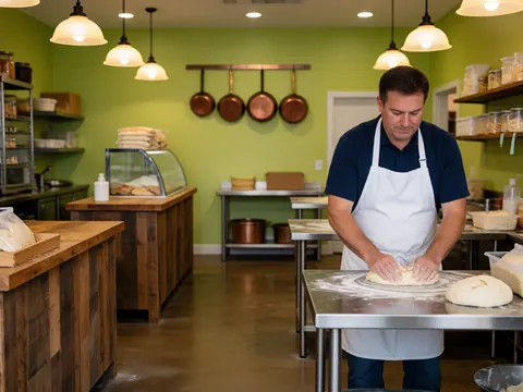 Close-up of skilled hands kneading bread dough on a stainless steel countertop in a bakery setting with copper utensils and green accents in the background