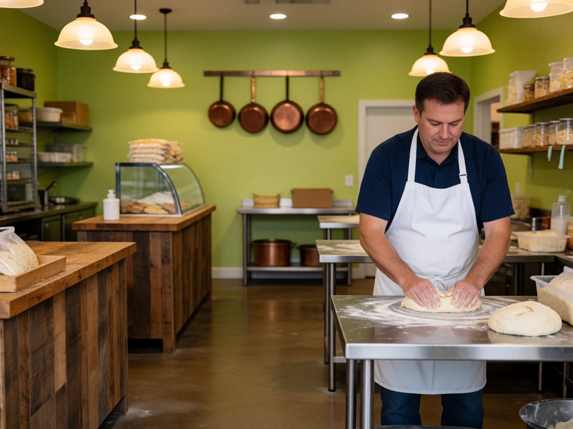 Close-up of skilled hands kneading bread dough on a stainless steel countertop in a bakery setting with copper utensils and green accents in the background