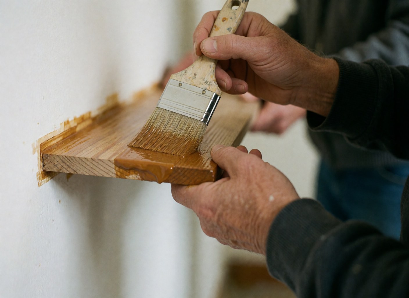 Hands using a brush to apply varnish to a wooden piece, showing a glossy finish and wood grain texture against a blurred white background.