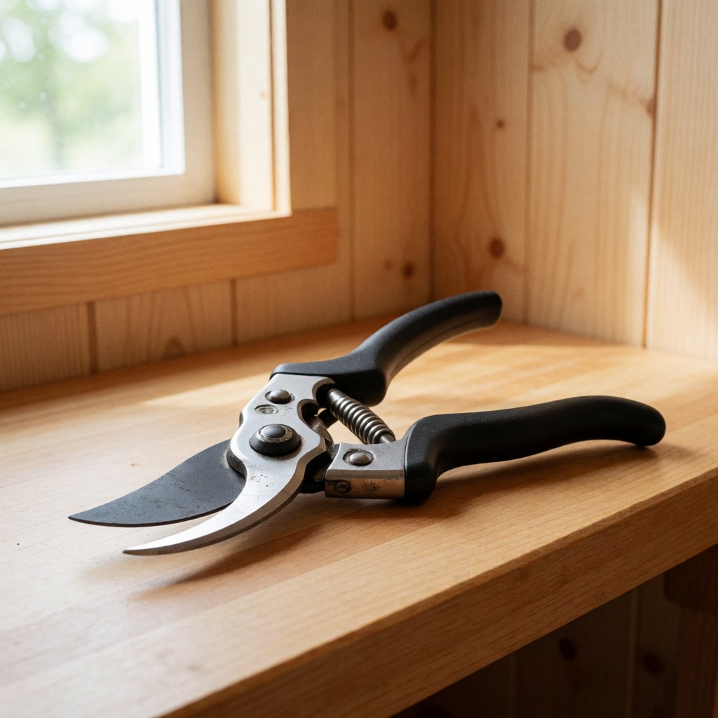 Close-up of sharp pruning shears blades resting on a light wooden workbench near a window with natural light