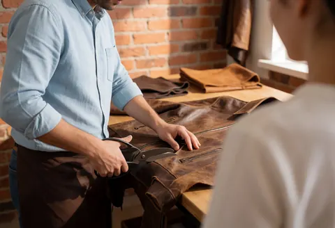 A craftsman uses scissors to cut a leather jacket on a workbench in a workshop with a brick wall and natural light.