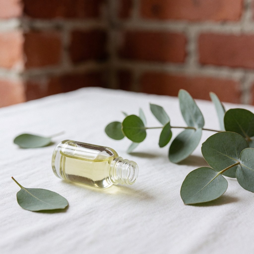 Glass bottle of eucalyptus essential oil placed on white fabric with fresh green leaves and a red brick wall background