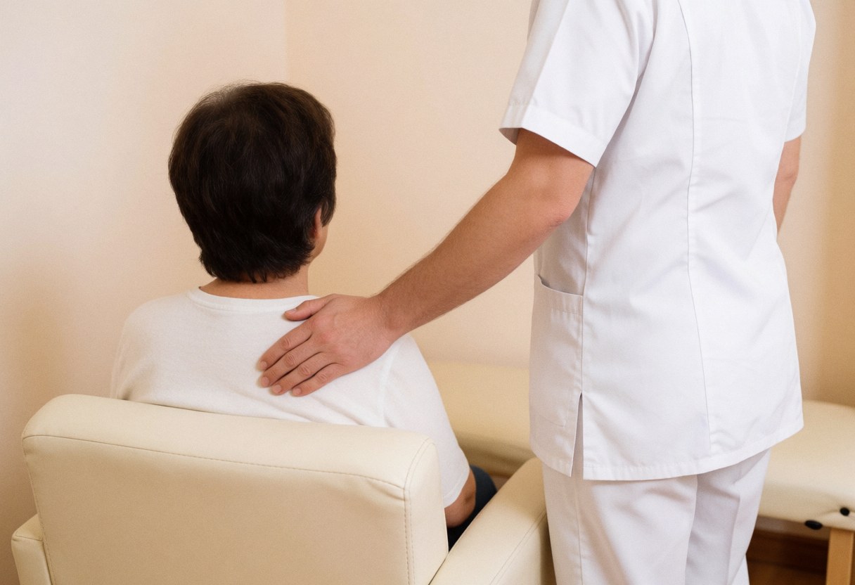 A professional therapist in a white uniform gently palpates a client's shoulder area while seated in a beige room with soft lighting, conducting a pre-massage assessment.