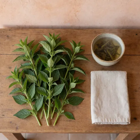 Fresh mug, herbal tea cup, and folded towel on a wooden table against a terracotta wall, creating a natural and relaxing herbal therapy ambiance