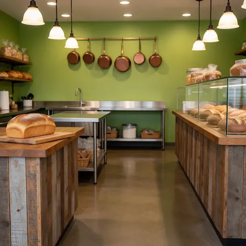 Freshly baked bread displayed on a wooden counter in a bakery with green walls, hanging pots, and glass counters holding more bread.