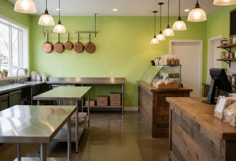 Bakery interior featuring green walls, wooden and stainless steel counters, hanging pots, and warm lighting.