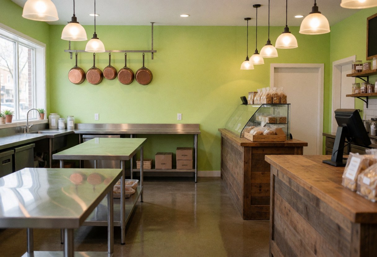 Bakery interior featuring green walls, wooden and stainless steel counters, hanging pots, and warm lighting.