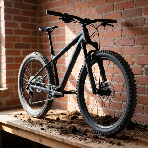 Black mountain bike with thick tires on a wooden table surrounded by dirt and leaves against a red brick wall with natural light
