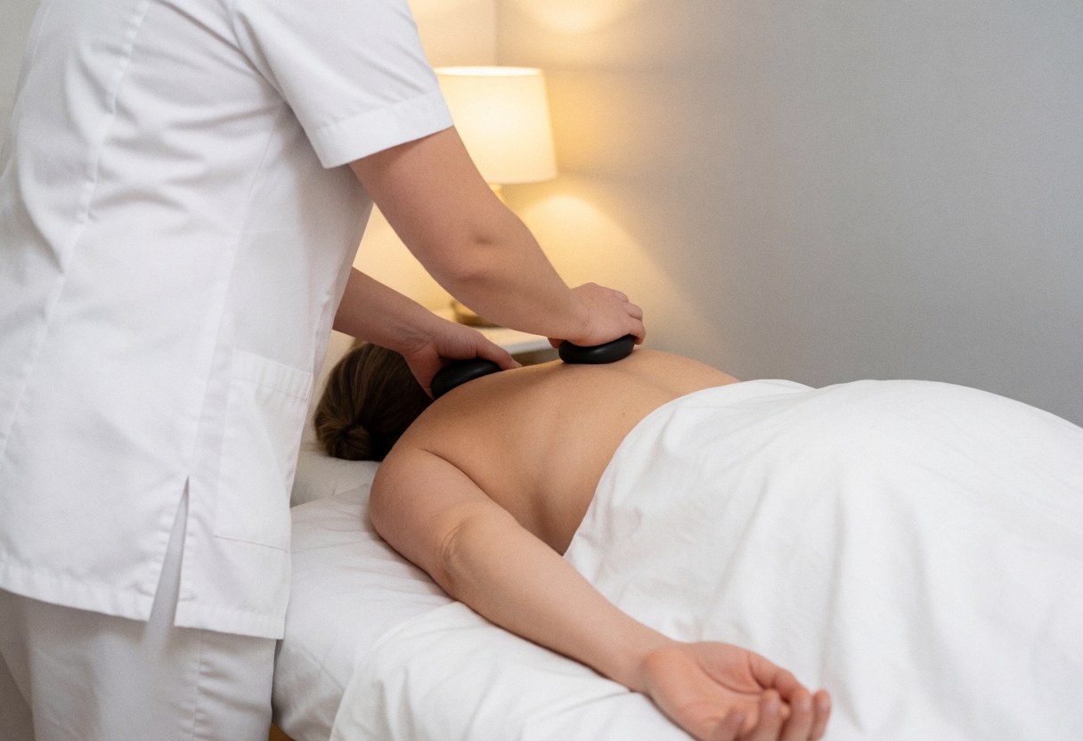 A professional masseuse in white uniform applies hot stones to a client's back on a towel-covered table under warm lighting.