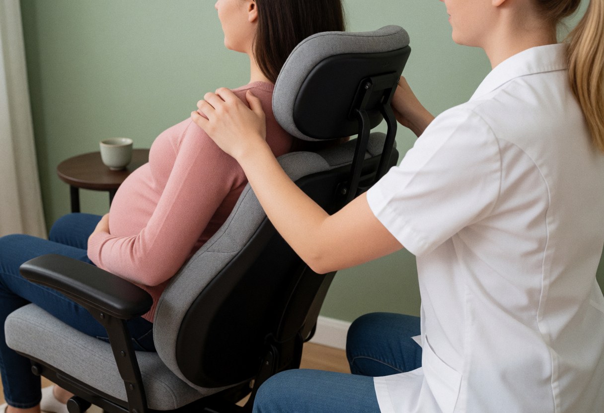 Professional masseuse performing shoulder massage on pregnant woman in ergonomic chair with green walls and tea nearby