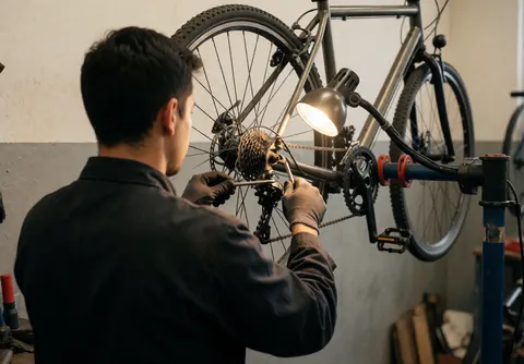 Close-up of hands adjusting bicycle gears and derailleur during a professional repair service in a workshop