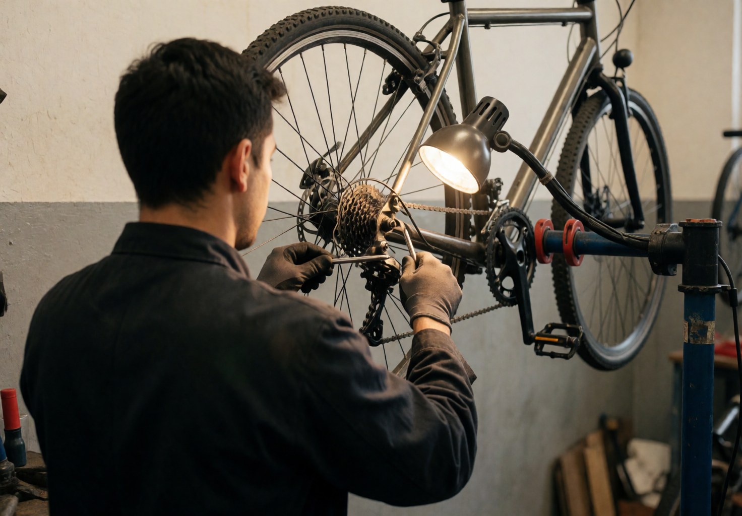 Close-up of hands adjusting bicycle gears and derailleur during a professional repair service in a workshop