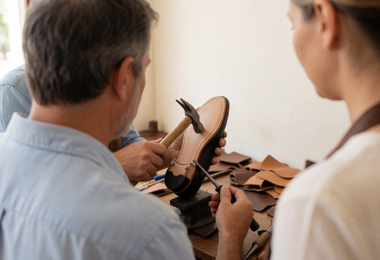 Close-up view of a cobbler's hands using tools to attach a new sole to a leather shoe during repair work
