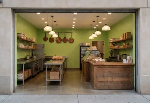 Bakery exterior featuring green walls, wooden counters, hanging utensils, and warm pendant lighting for a pastry shop.