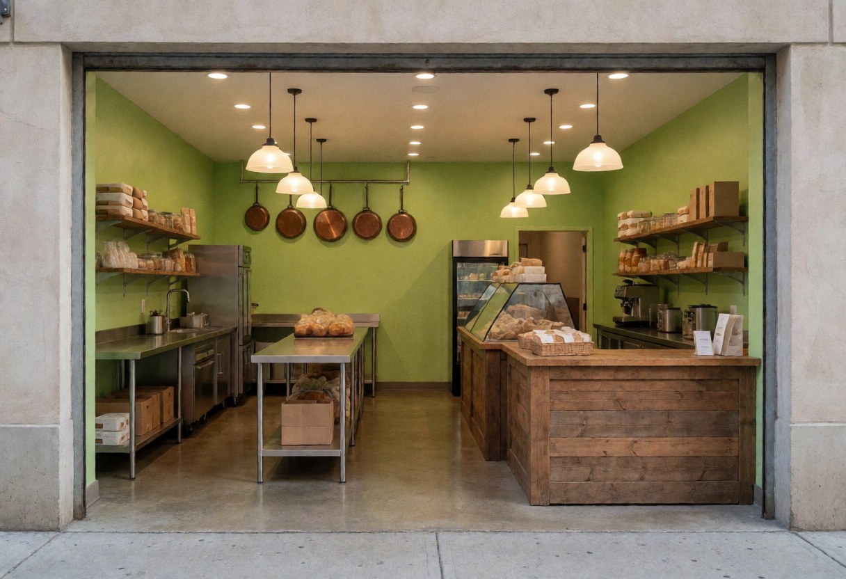Bakery exterior featuring green walls, wooden counters, hanging utensils, and warm pendant lighting for a pastry shop.
