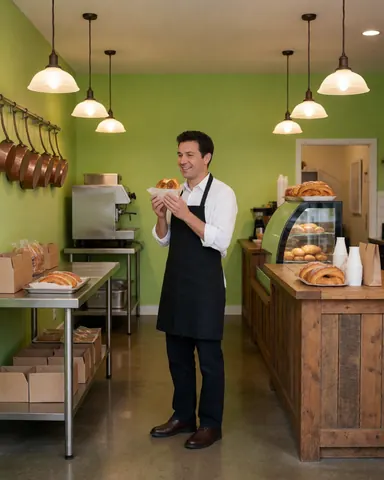 A happy customer holding a cake inside a bakery with green walls, wooden counters, and hanging lights.