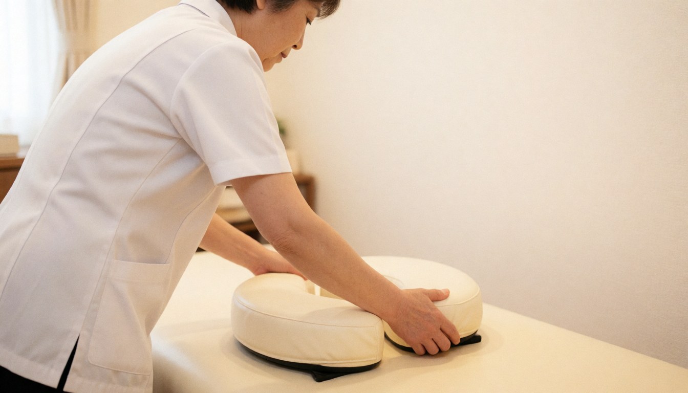 A professional massage therapist adjusts a C-shaped cushion on a massage table in a bright room with white walls and warm lighting.
