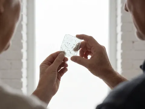 A hand holds a piece of decorative glass with visible bubbles and waves, lit by natural window light against a white brick wall.
