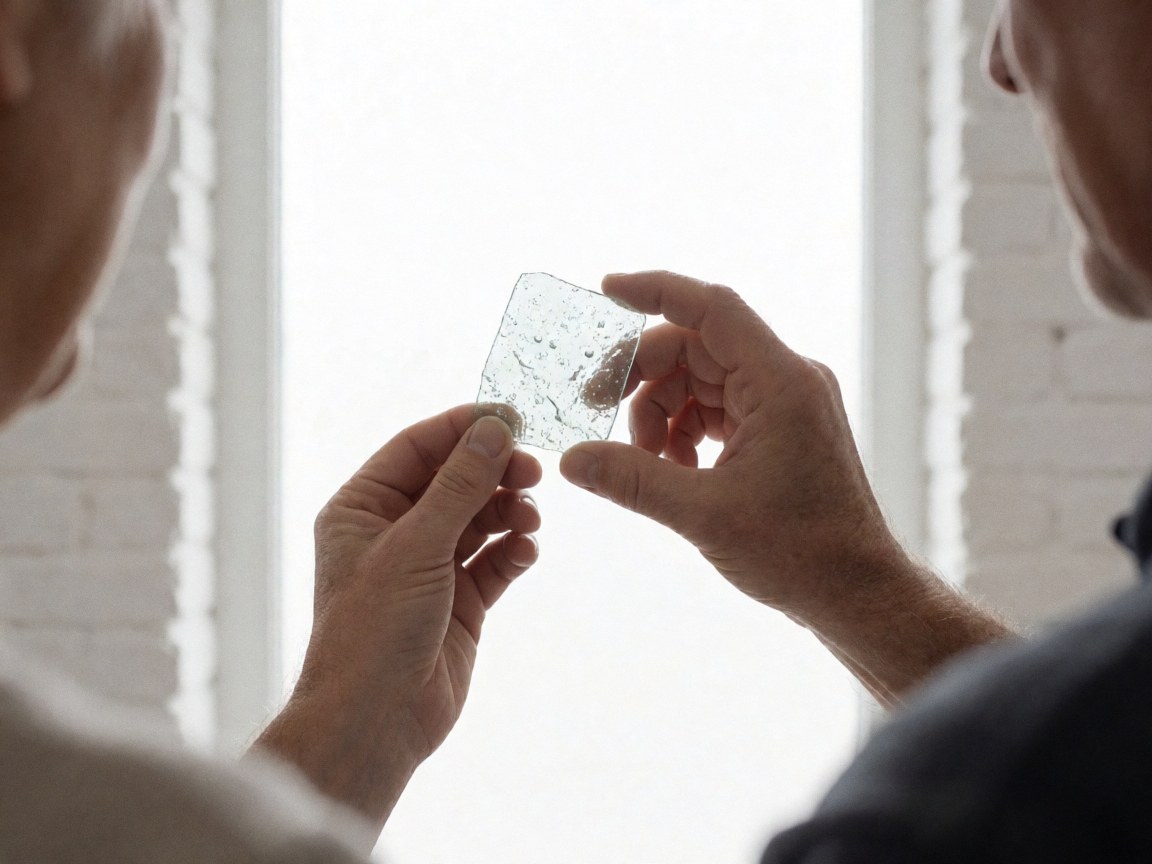 A hand holds a piece of decorative glass with visible bubbles and waves, lit by natural window light against a white brick wall.