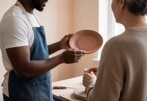 A ceramic artist discusses design options with a customer in a bright workshop, showing terracotta plates and glazing tools on a workbench.