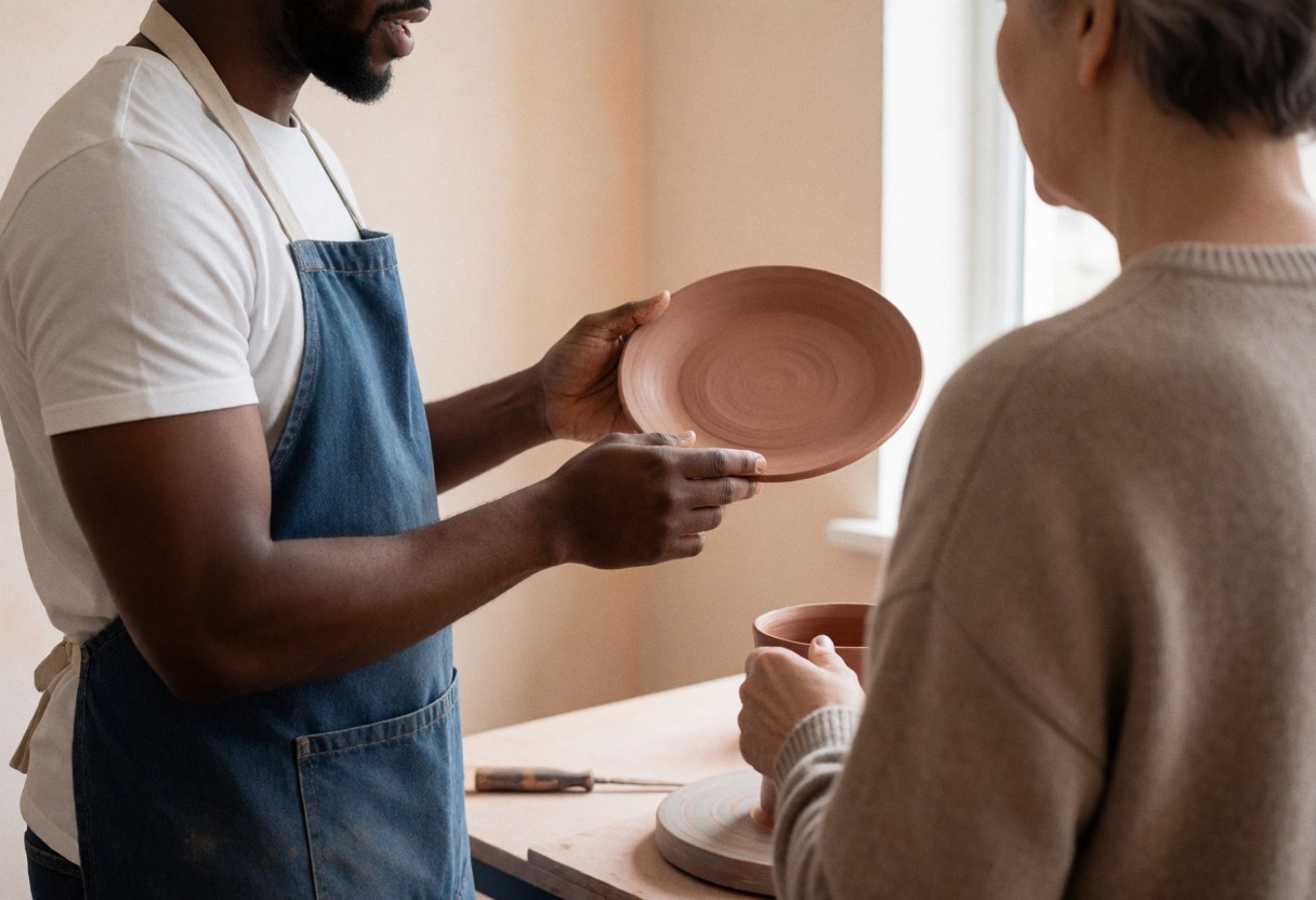 A ceramic artist discusses design options with a customer in a bright workshop, showing terracotta plates and glazing tools on a workbench.