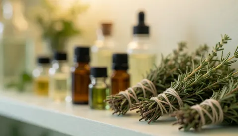 Shelf background with essential oil bottles and tied herb bundles, lit with warm soft light, ideal for wellness text overlays
