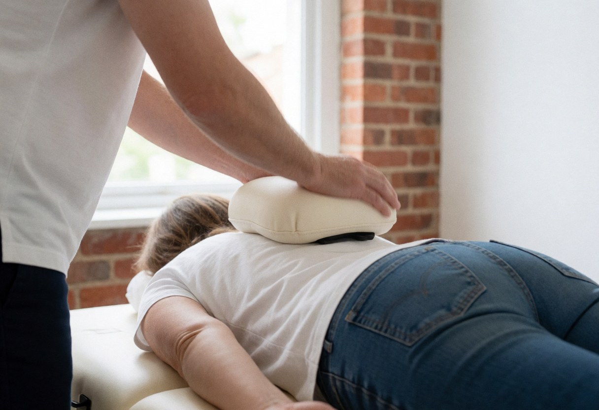 Osteopath performing cervical treatment with a pillow on a patient lying on a bed in a clinical setting with natural light and brick wall