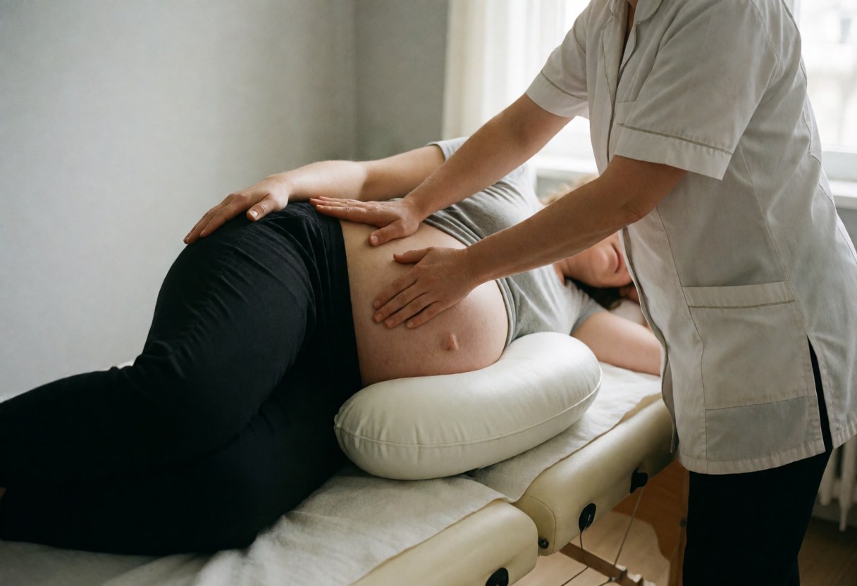A pregnant woman lies on a massage table with a white pillow while a therapist in a white uniform performs a back massage in a room with gray walls and natural light.