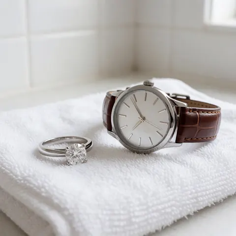 Shiny diamond ring and leather strap watch resting on a white towel against a white tiled background, showcasing jewelry repair results.