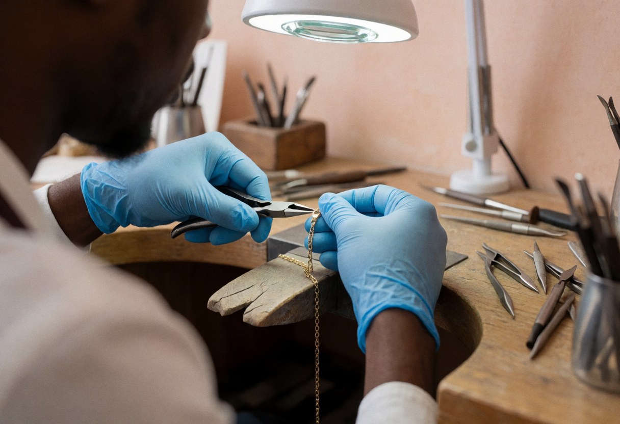 Hands working on a gold chain in a jewelry repair workshop with tools and magnifier against a blurred terracotta wall background