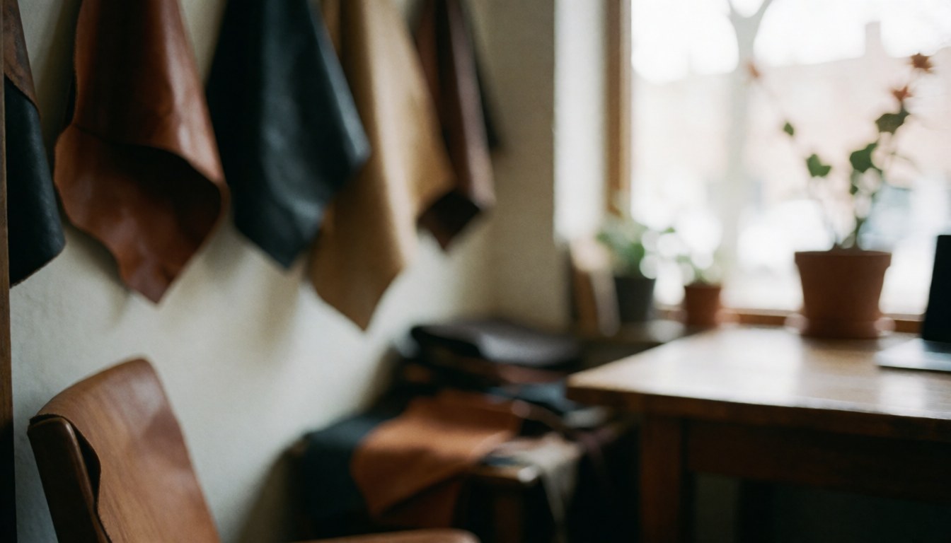 Soft background of a leather workshop with hanging leathers, wood, and natural light, ideal for text overlays related to leather goods and craftsmanship.