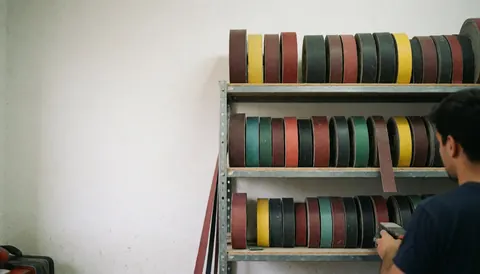 Metal shelves stocked with colorful abrasive tapes in a tool repair shop. A person works with their back to the camera, leaving empty space on the left for text.