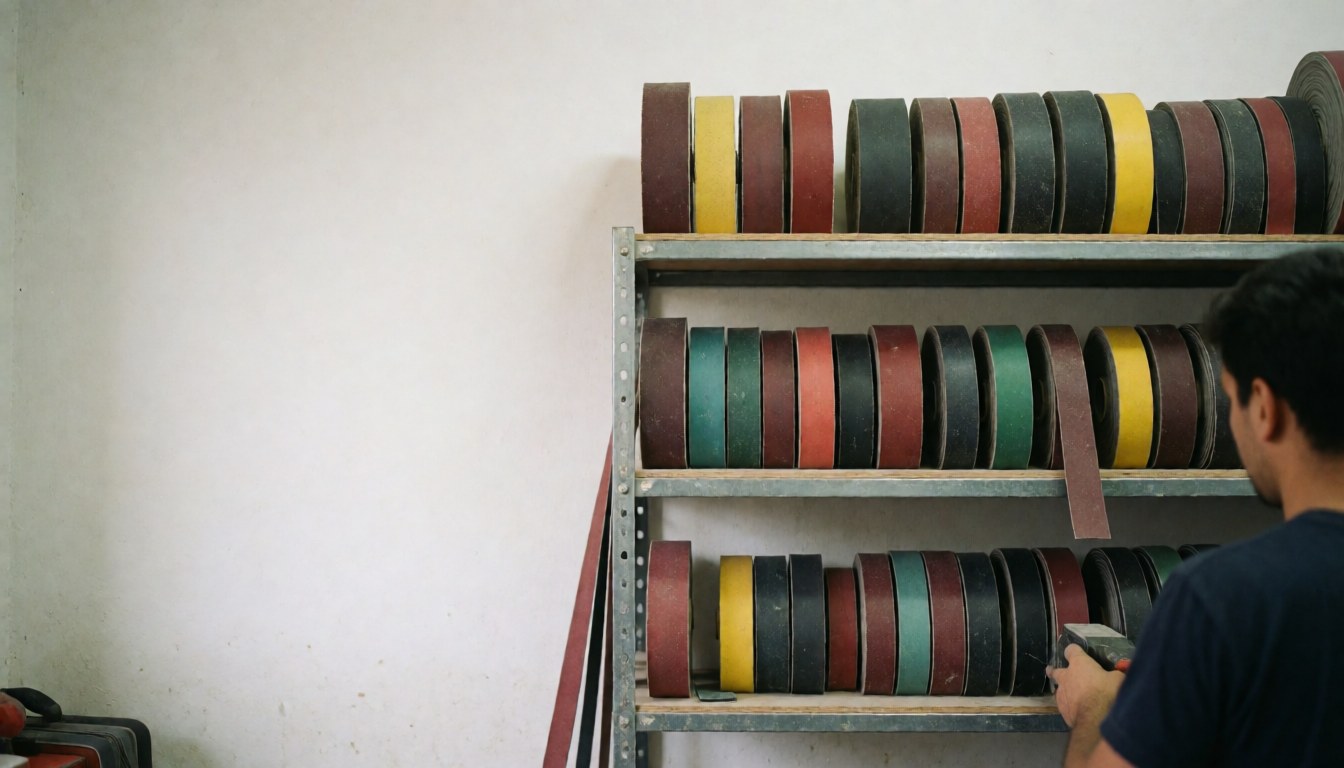 Metal shelves stocked with colorful abrasive tapes in a tool repair shop. A person works with their back to the camera, leaving empty space on the left for text.