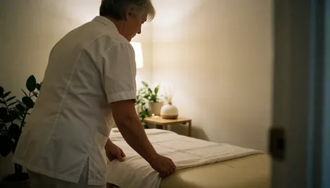 A clean and calm aromatherapy room prepared for a session, featuring a massage table with white linens, a diffuser, and warm lighting.