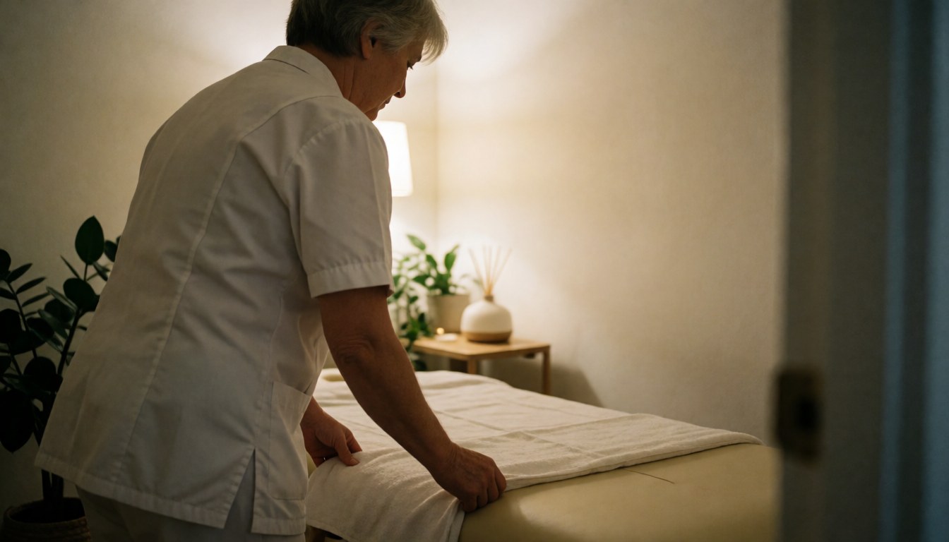 A clean and calm aromatherapy room prepared for a session, featuring a massage table with white linens, a diffuser, and warm lighting.