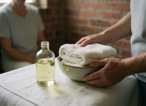 Hands preparing hot towels next to an essential oil jar on a massage table with a brick wall background, creating a relaxing and hygienic atmosphere.