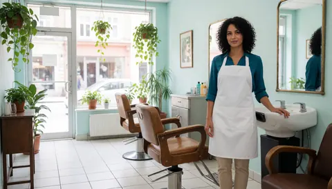 A female hairdresser wearing a white apron stands in a clean, bright salon with turquoise walls, styling chairs, a sink, and green plants.