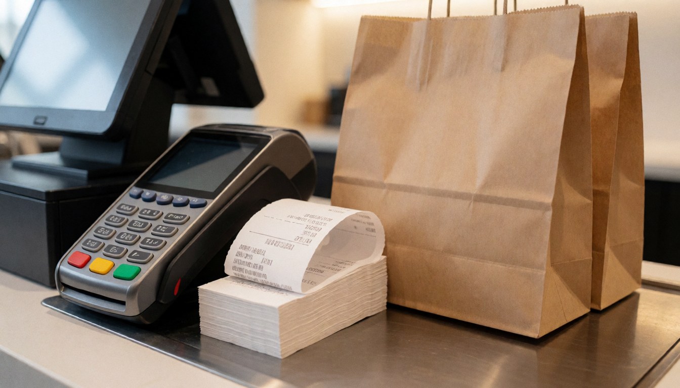 Modern cash register with payment terminal, stack of receipts, and brown paper bags ready for purchase on a store counter.