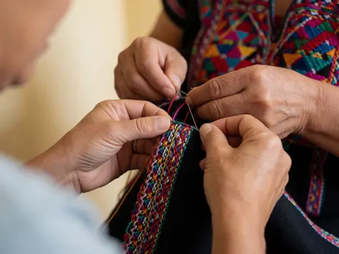 Close-up view of intricate colorful thread embroidery on a black fabric huipil, showcasing detailed stitching and traditional textile craftsmanship.