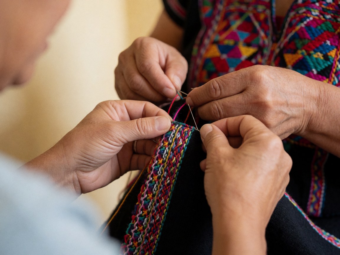 Close-up view of intricate colorful thread embroidery on a black fabric huipil, showcasing detailed stitching and traditional textile craftsmanship.