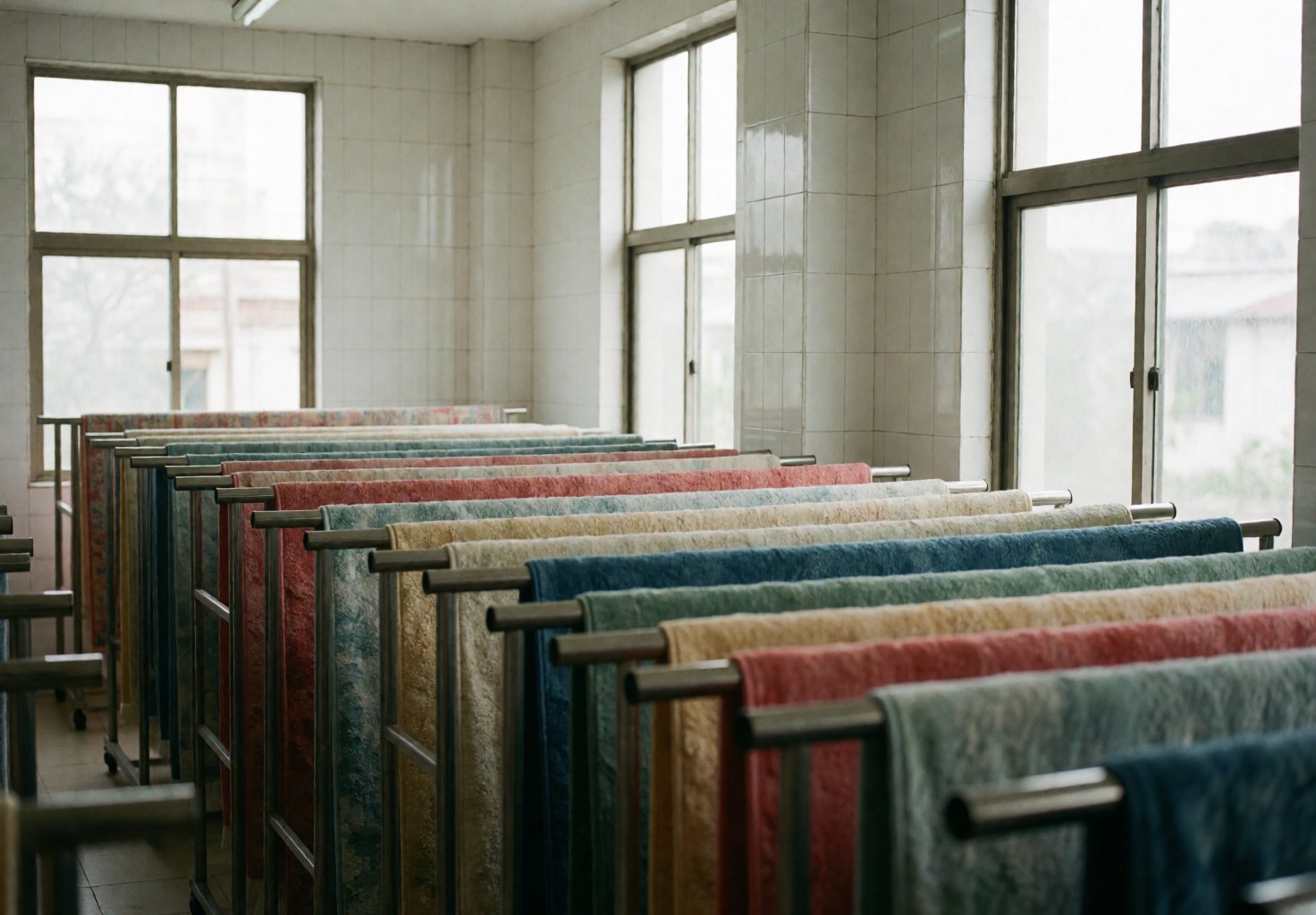 Vibrant rugs hanging vertically to dry on metal racks in a bright tiled room with white walls and windows.