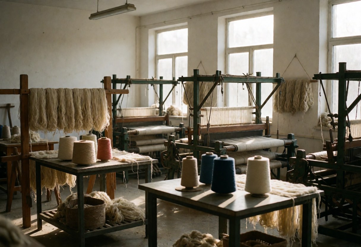 Industrial looms and colorful yarn spools in a weaving workshop with natural light and authentic professional atmosphere