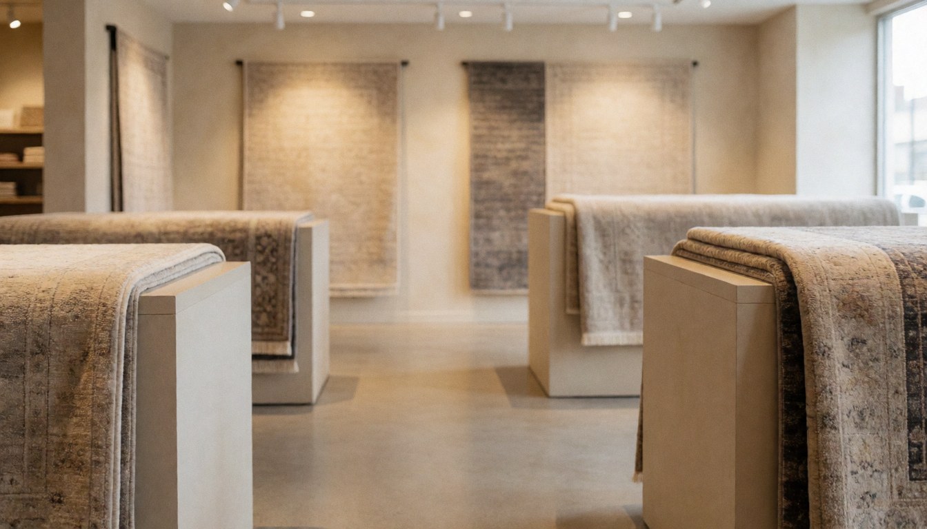 A carpet and textile shop featuring display furniture, warm lighting, and polished floors, ideal for commercial text backgrounds.