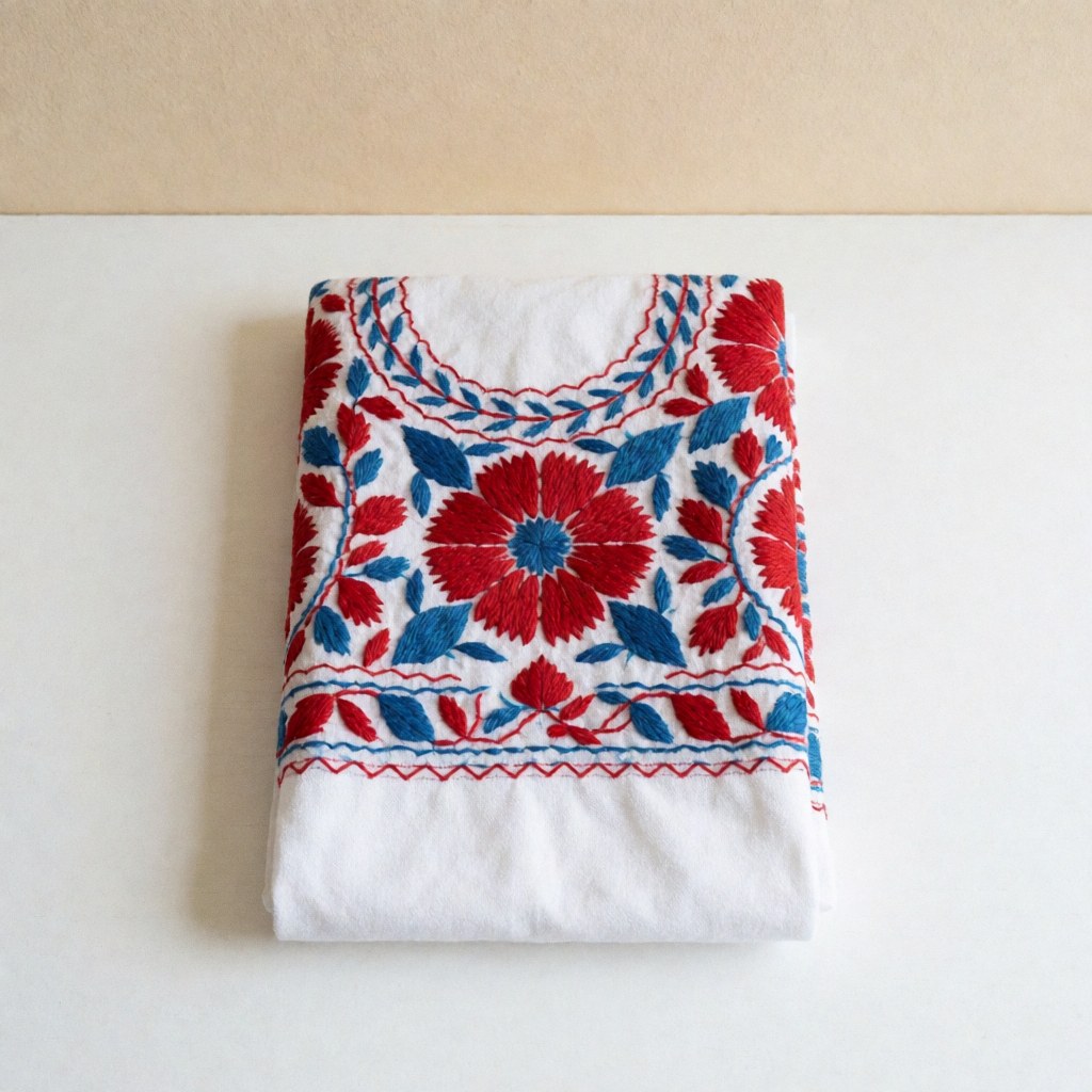 Traditional Honduran embroidered rug featuring red and blue floral and leaf designs on a white background, showcasing artisanal textile craftsmanship.