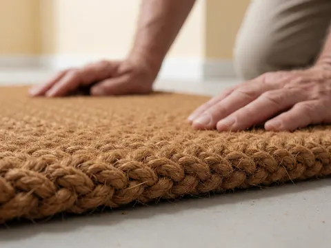 Detailed view of a rough natural coir fiber doormat showing its durable woven texture suitable for home entrances