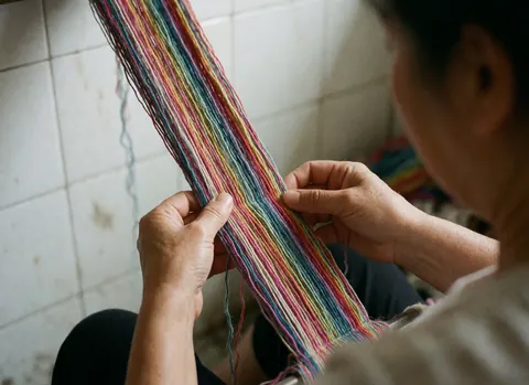 Close-up of hands weaving vibrant hand-dyed cotton threads against a white tiled wall background, highlighting textile texture and color.