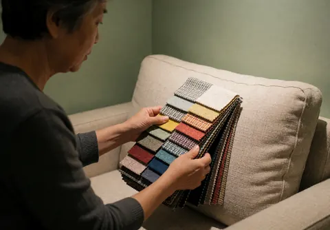 A professional reviews various patterned and colored fabric swatches on a beige sofa in a room with pale green walls to select home materials.