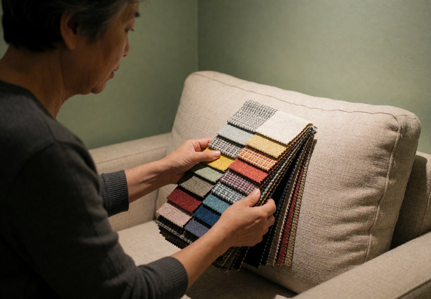A professional reviews various patterned and colored fabric swatches on a beige sofa in a room with pale green walls to select home materials.