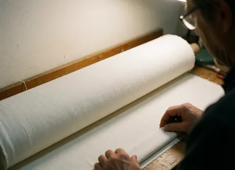Close-up of a white fabric roll on a wooden workbench with hands working nearby, warm lighting, and white walls in a textile workshop.